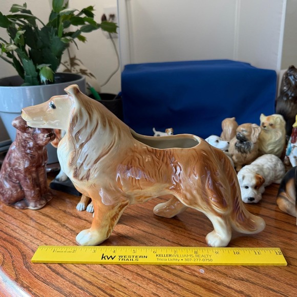 Other - Vintage Collie Dog Ceramic Planter Large Lassie Style Tan White Glazed Figurine